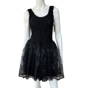 Vintage 80’s 90’s Black Lace Corset Goth Dress Small Florence Fume